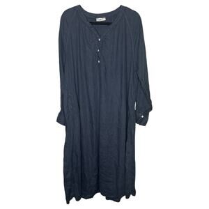 Homefrocks Midi Dress Womens L Blue 100% Linen USA Hand Dyed Boho Lagenlook